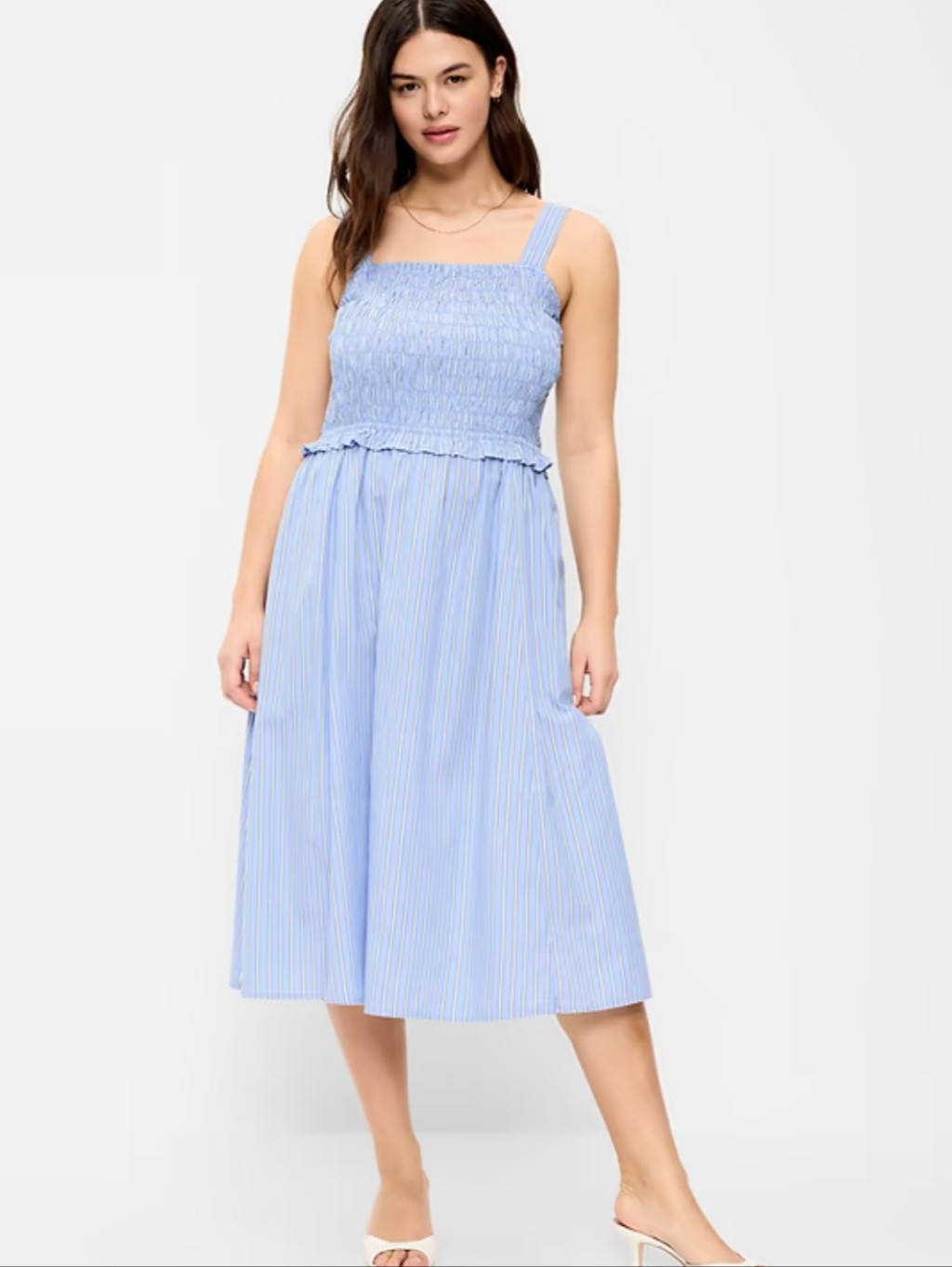 Nwt Old Navy Smocked Bodice Striped Midi Dress In Light Blue Cotton